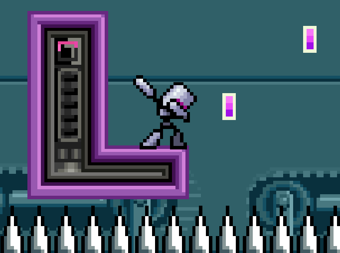 Kick Bot dabs on an L shaped platform over a trap of spikes