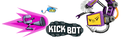 Kick Bot logo -- "Kick Bot" shown on the bottom of a shoe and various robots surrounding it in what look like action poses.