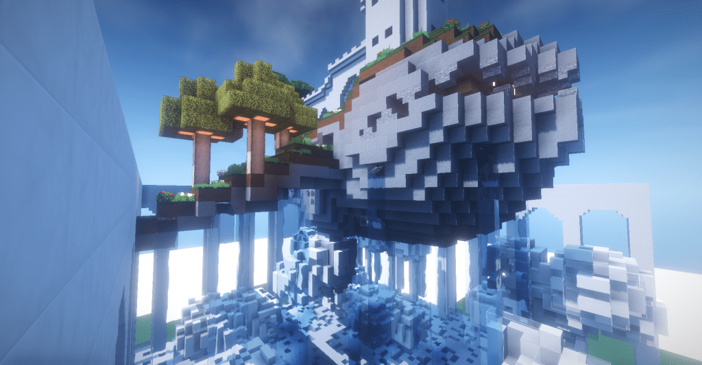 a Minecraft build - a floating whale-shaped island surrounded by clouds
