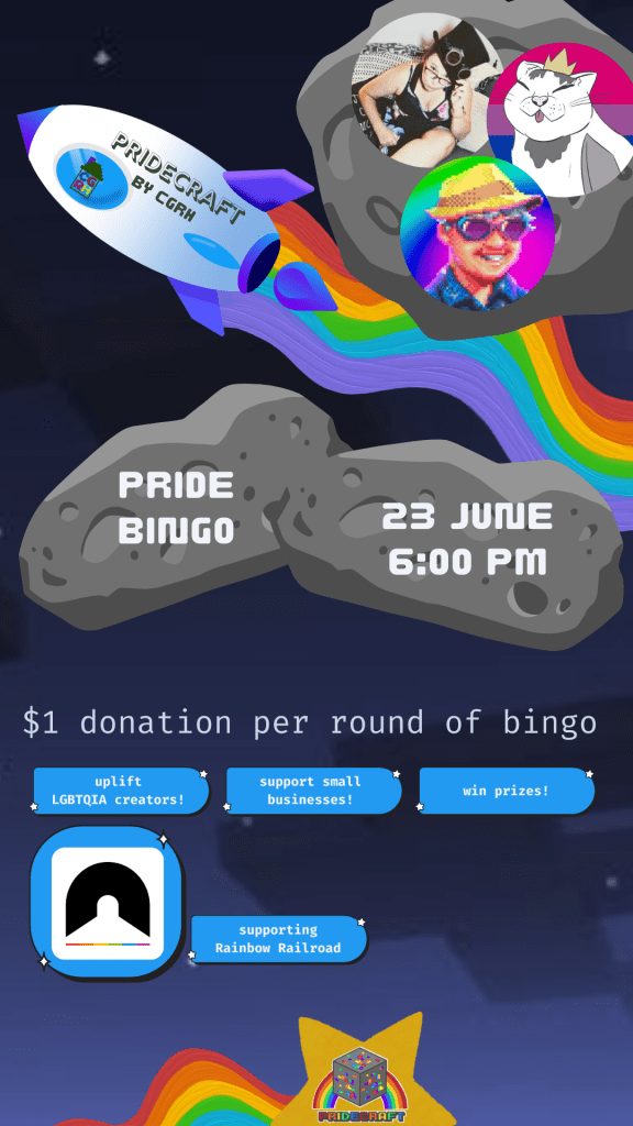 Pridecraft by CGRH
Pride Bingo 23 June 6pm
$1 donation per round of bingo