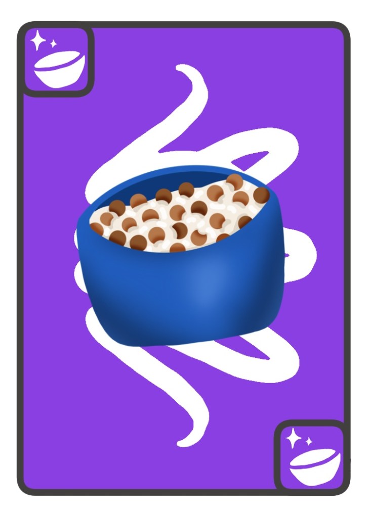 a blue bowl of cereal pieces that are brown and beige orbs, with milk