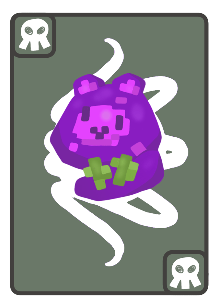 a purple gelatinous blob that is vaguely cat-shaped, with ears and a tail and a smily face