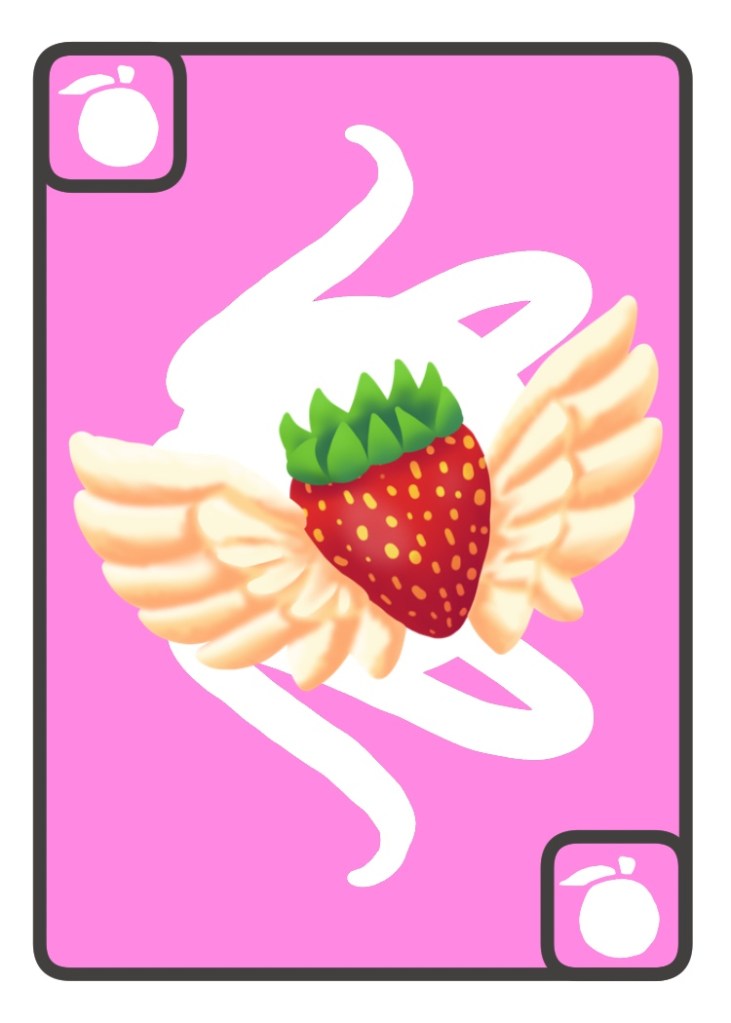 a red strawberry with yellow seeds, a green leafy top, and light pink wings