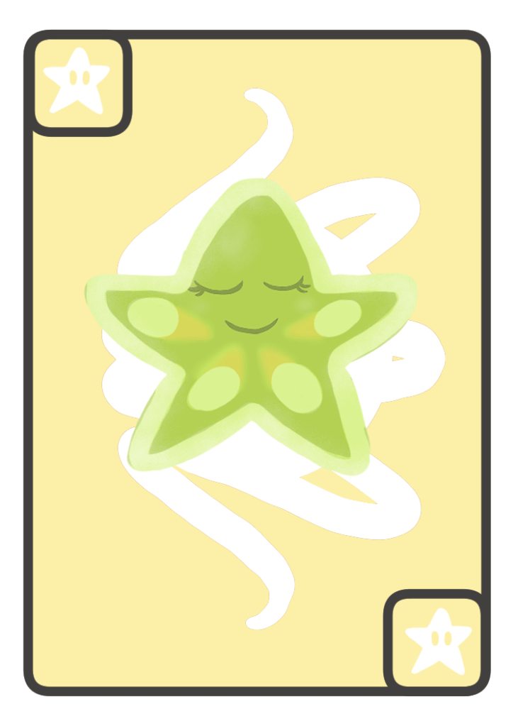 a star-shaped bean plant that is light green and has a peaceful smile