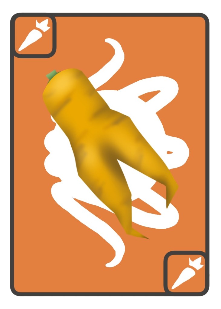 a yellow-orange carrot that has two prongs and a short green stem