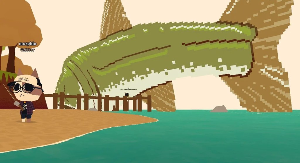 a giant green and white fish with yellow fins that spans almost an entire screen in the online game WEBFISHING