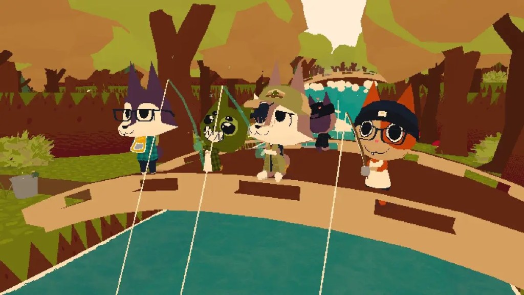 Five custom animal characters are fishing together on a bridge over a river in the game WEBFISHING